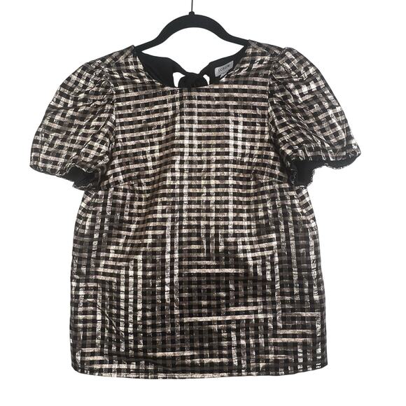 J. Crew Factory Lurex Black & Metallic Gold Plaid Puff Sleeve Top XS Tie Back - Picture 2 of 14